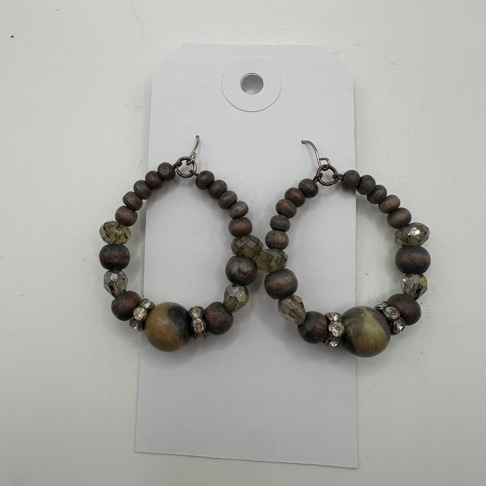 Vintage Boho Wooden Beaded Hoop Earrings Rustic Crystal Rhinestone Brown Earthy